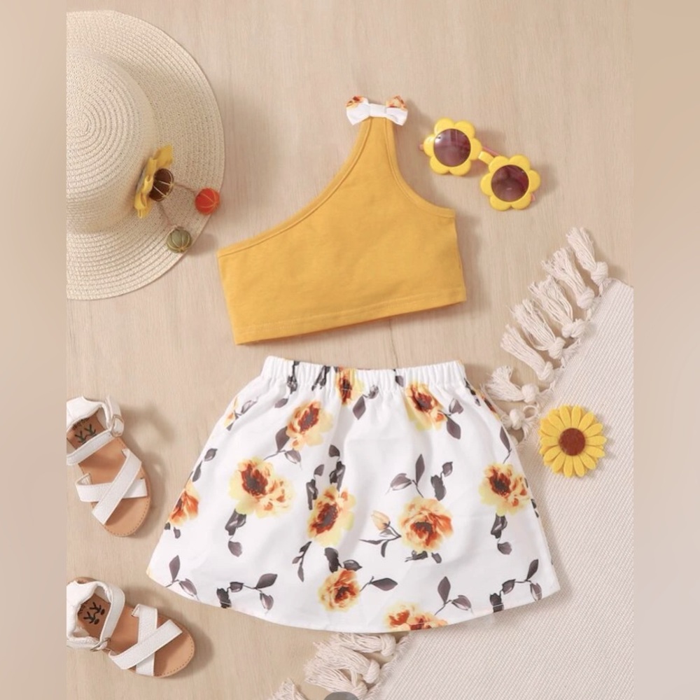 🧨SHEIN Baby Bow One Shoulder Top & Floral Print Skirt NWT (size 2-3)
